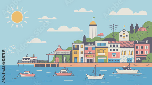 Coastal town with boats and a sunny sky city seaside