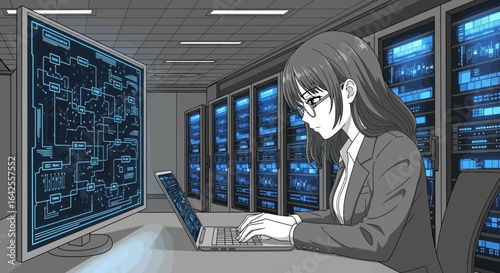Anime style server room illustration featuring focused female engineer coding