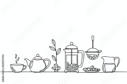 Coffee and tea preparation items on a horizontal line