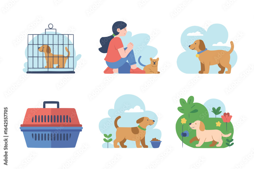 Fototapeta premium Collection of flat design illustrations related to dogs and pet care