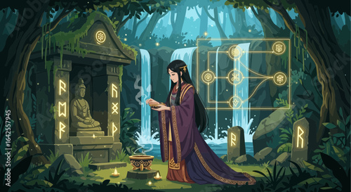 Mystical Offering in a Serene Forest Sanctuary with Ancient Runes