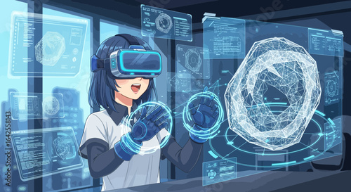 Enthusiastic anime woman exploring complex data with virtual reality headset