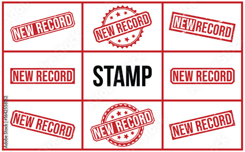 Grid of Red New Record Stamps with Starbursts, Rectangles, and the Word Stamp