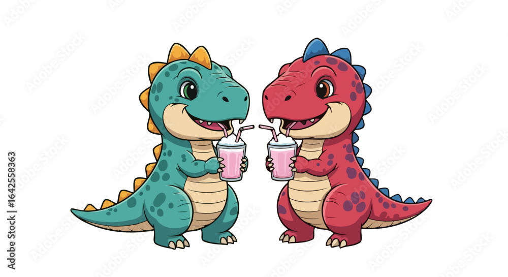 Naklejka premium adorable dinosaur duo enjoying milkshakes perfect for kids products