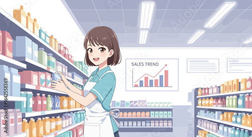 Anime-style illustration of a supermarket clerk in a brightly lit aisle