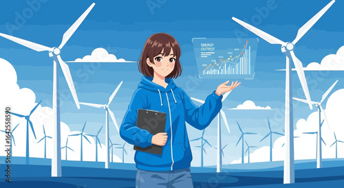 Anime-style engineer showcasing renewable energy output against a wind turbine backdrop