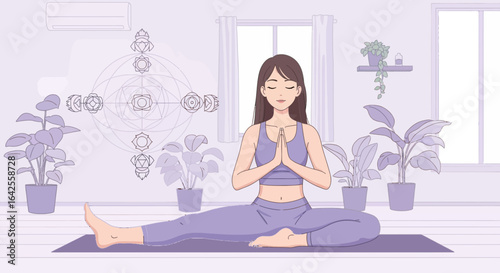 Serene woman practicing mindful meditation at home surrounded by plants and spiritual art