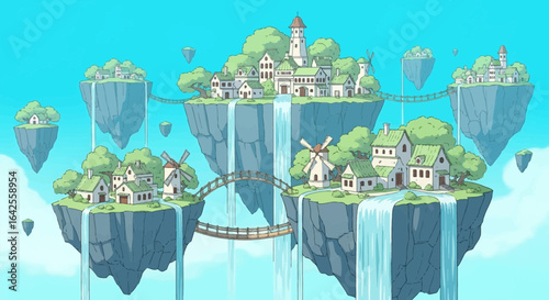 Fantastic floating islands with villages, waterfalls and windmills under blue skies