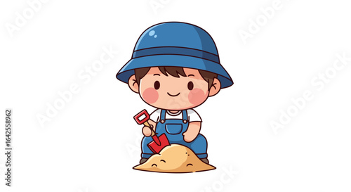 cute boy plays in sandpit adorable child with shovel illustration