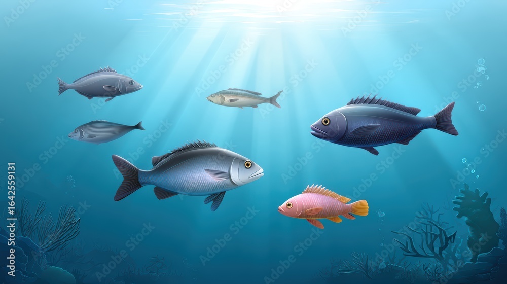 Naklejka premium Fish Illustration: Underwater Ocean Life, Marine Animals