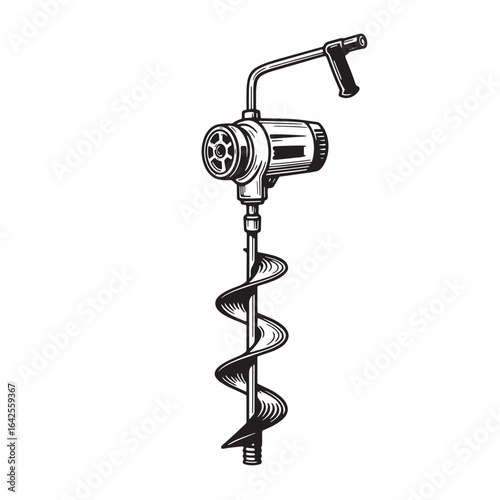 Hand drawn illustration of a vintage ice auger for winter outdoor recreation activity