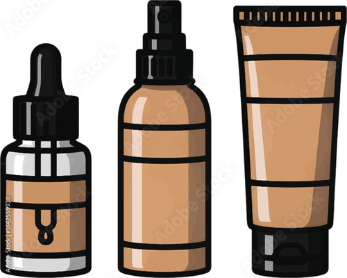 Three Cosmetic Bottles for Skincare or Makeup in Neutral Tones beauty