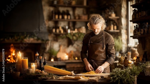 Wallpaper Mural Chef preparing fresh pasta in a rustic kitchen with warm candlelight and fireplace Torontodigital.ca