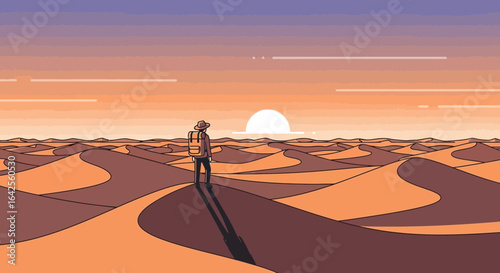 Stylized desert landscape illustration with a traveler and sunset ambiance