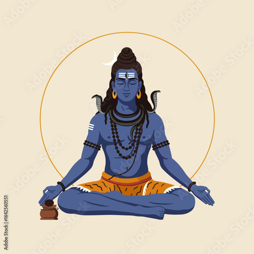 A tranquil flat design vector illustration of Lord Shiva in a meditative pose, embodying cosmic consciousness and asceticism. 