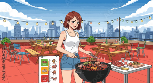 Rooftop barbecue party with cityscape backdrop and cartoon style animation