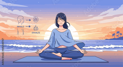 Serene beach meditation: Woman practicing mindfulness at sunset, embracing tranquility