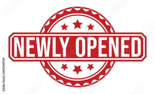 Red Newly Opened Badge with Star Icons, Serrated Border, Announcement for New Business