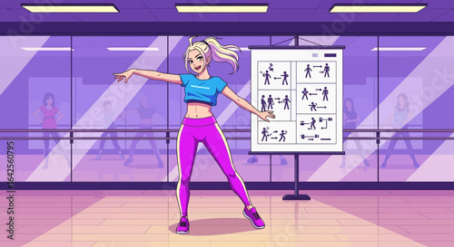 Animated fitness instructor guiding a class in a studio with dance routines
