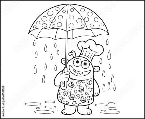 Cute monster enjoying rainy day with umbrella black line art vector illustration coloring page for kids