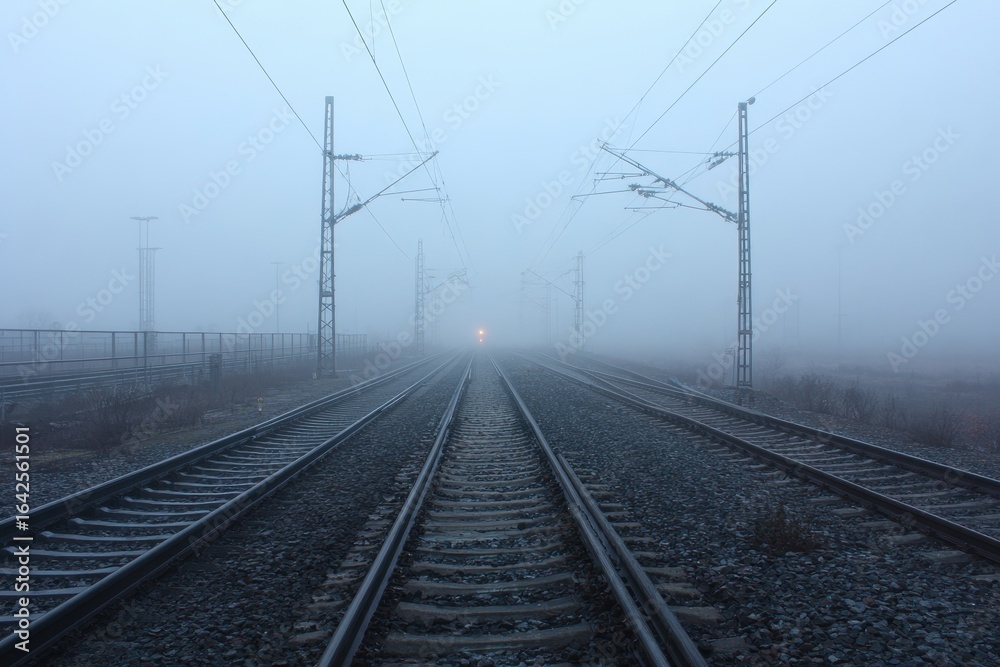Obraz premium Foggy Train Tracks Converging to Distant Light