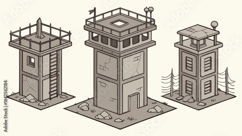 Isometric cartoon watchtowers guard towers surveillance towers outpost security observation posts architecture design