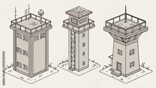 Isometric security watchtowers structures set for military base and prison surveillance architecture design concept