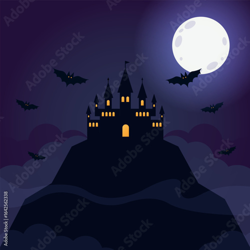 Halloween Spooky Castle silhouette Poster. Horror night holiday spooky background