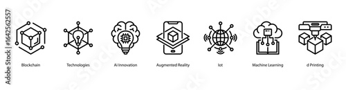 Emerging Tech Frontier web banner icon vector illustration featuring Blockchain, Technologies, AI Innovation, Augmented Reality, IoT, Machine Learning, and 3D Printing.