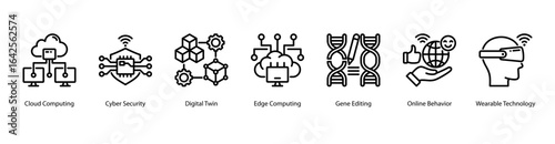 Cloud and Security Evolution web banner icon vector illustration featuring Cloud Computing, Cyber Security, Digital Twin, Edge Computing, Gene Editing, Online Behavior, and Wearable Technology.