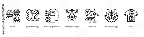 Synthetic Life and Bioengineering web banner icon vector illustration featuring Swarm, Synthetic Biology, Human Augmentation, Drone Technology, Smart Grid, Neurotechnology, and Fabric.