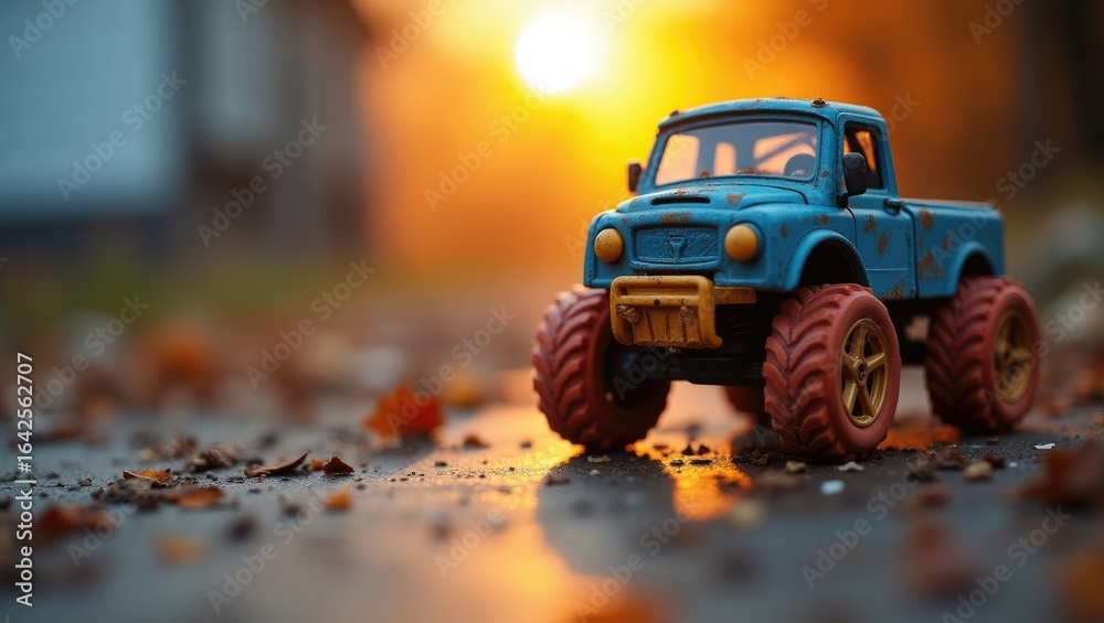 Fototapeta premium A toy truck at sunset, sits on a surface covered in autumn leaves.