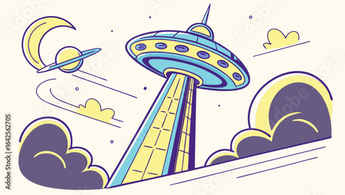 Ufo abduction spaceship alien invasion drawing vector illustration design for sci fi fantasy theme art