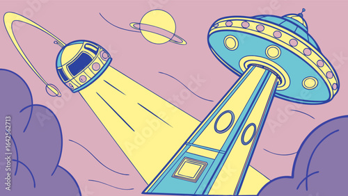 Ufo alien invasion cartoon vector illustration spaceships and planets in outer space science fiction concept