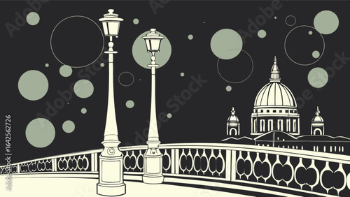 London cityscape illustration featuring st paul's cathedral and vintage street lights at night scene design