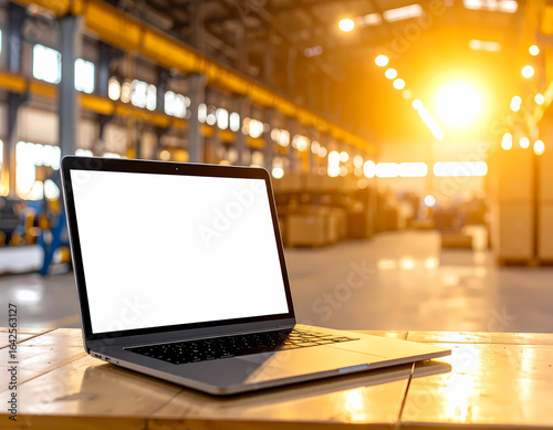Laptop blank screen in factory warehouse for industrial applications