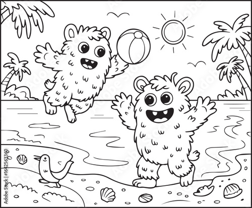 Cute two monster playing ball and enjoying on sea beach black line art vector illustration coloring page for kids
