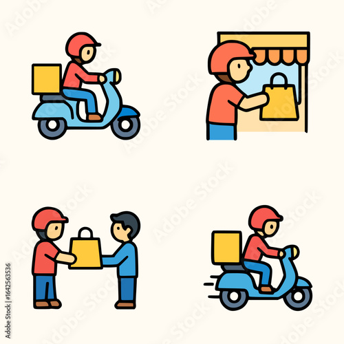 Illustration pack of delivery man riding scooter, picking items from store, and giving shopping bag to recipient