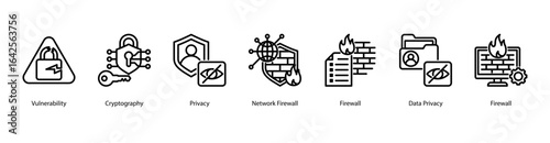 Cryptographic Defense web banner icon vector illustration featuring Vulnerability, Cryptography, Privacy, Network Firewall, Firewall, Data Privacy, and Firewall.