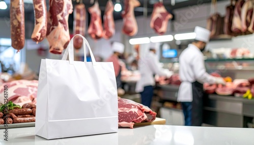 Front view of a blank white shopping bag on a counter in a butcher shop with fresh meat and butchers in the background creating an ideal canvas for grocery product placement.