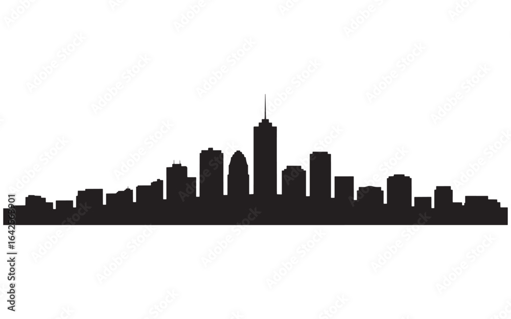 Naklejka premium Sleek Cityscape Silhouette Modern Urban Design Captivating Architectural Representation Distinct Skyline Graphic Black and White Minimalist Aesthetic