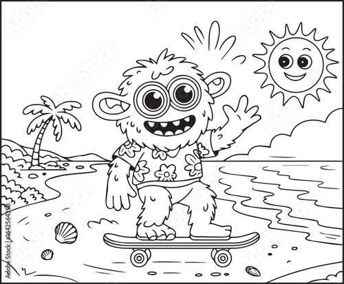 Cute monster enjoying with skateboard in sea beach black line art vector illustration coloring page for kids