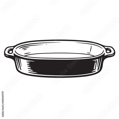 Black and white hand drawn illustration of an empty baking dish isolated