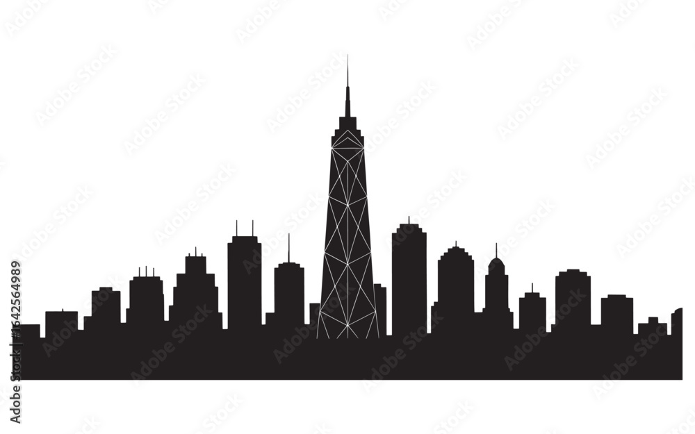 Fototapeta premium Striking Silhouette of a Modern Cityscape Dominated by a Towering Skyscraper Against a Plain White Sky Backdrop Creating a Stark Contrast