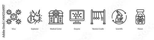 Virus, Risk and Toxicology web banner icon vector illustration featuring Virus, Explosive, Medical Center, Enzyme, Newton Cradle, Scientific, and Poison.