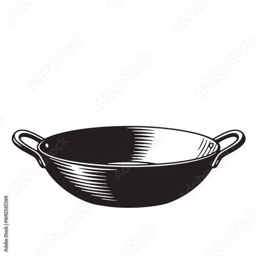 Black and white illustration of a traditional wok cooking pan on white background