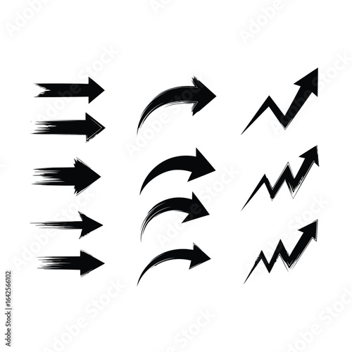 Illustration of collection of black arrows and upward trending graphs isolated on white background