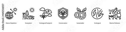 Eco Sustainability web banner icon vector illustration featuring Ozone Depletion, Ecosystem, Ecological Footprint, Conservation, Sustainable, Ecological, and Marine Pollution.