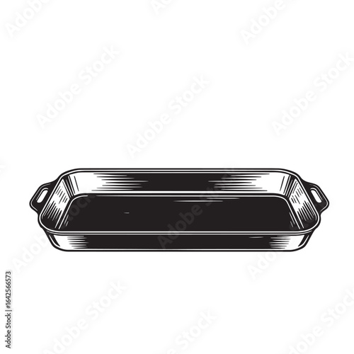 Detailed black and white illustration of a rectangular baking pan for cooking and baking