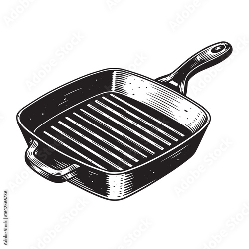 Detailed black and white illustration of a square grill pan in vintage engraved style